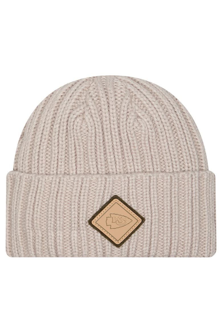 Men's New Era Light Beige Kansas City Chiefs Logo Applique Cuffed Knit Hat, Main, color, Light Beige