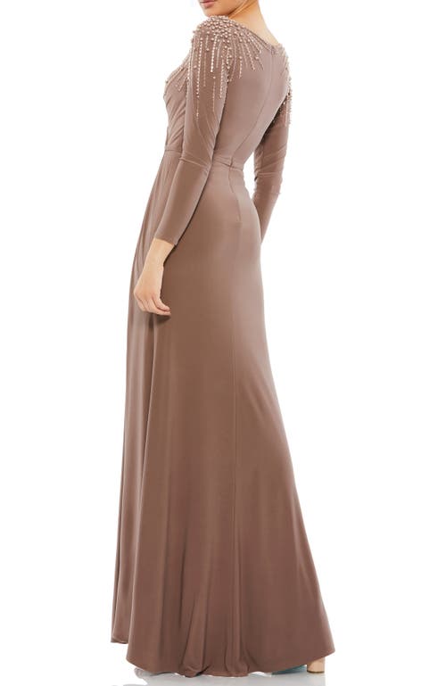 Mac Duggal Embellished Jersey Gown With Faux Wrap Bodice And Thigh-high Slit In Brown
