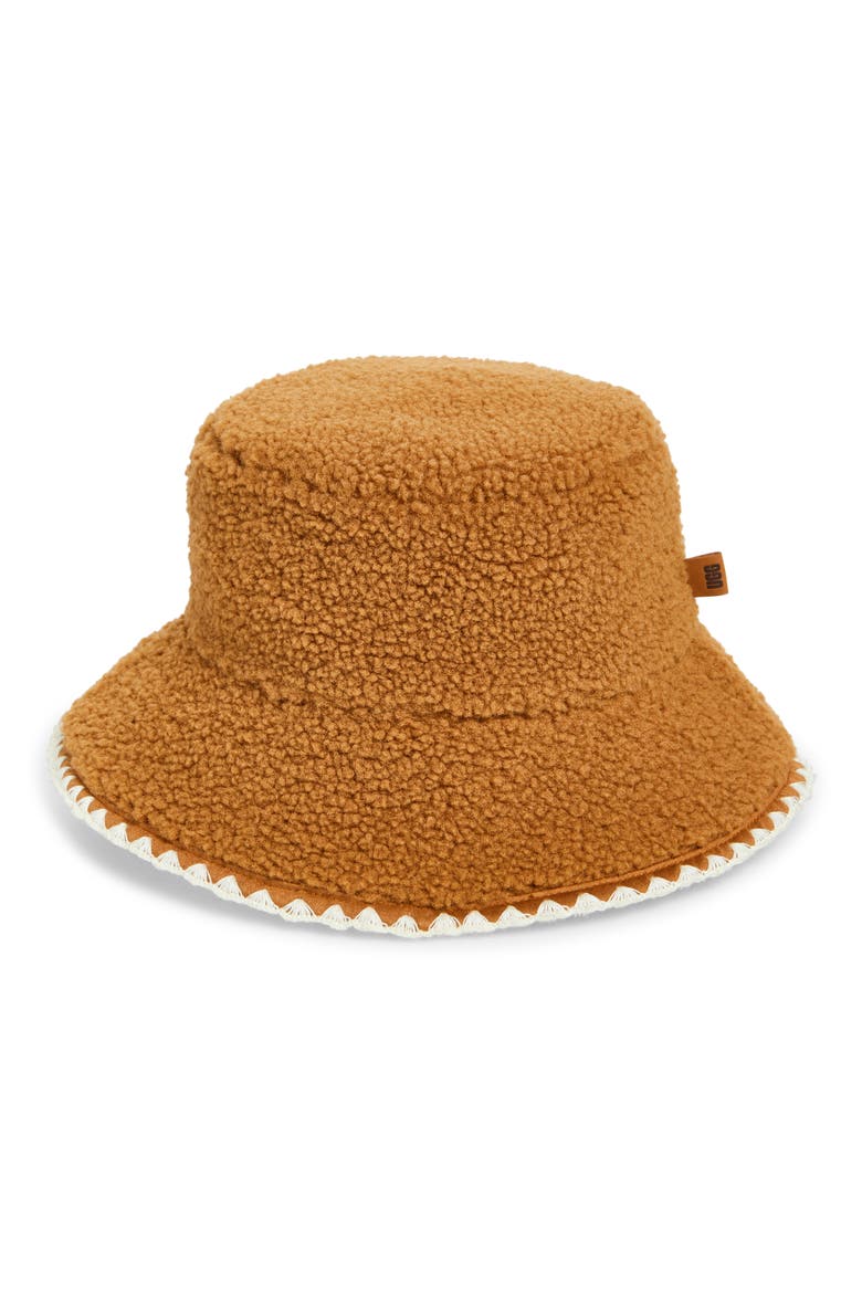 UGGfluff Scalloped Faux Fur Bucket Hat, Main, color, CHESTNUT