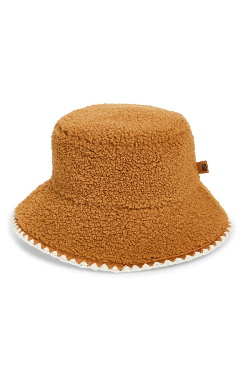UGG<sup>®</sup> UGGfluff Scalloped Faux Fur Bucket Hat, Main, color, Chestnut