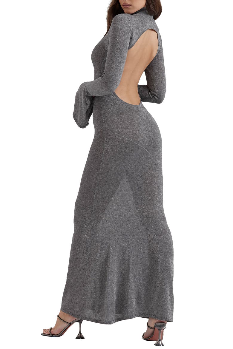 Sancha Open Back Long Sleeve Semisheer Body-Con Maxi Dress, Alternate, color, GREY