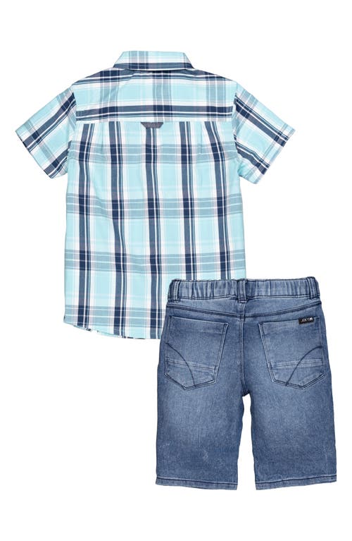 Joe's Jeans Plaid Short Sleeve Button-up Shirt & Denim Shorts Set In Blue