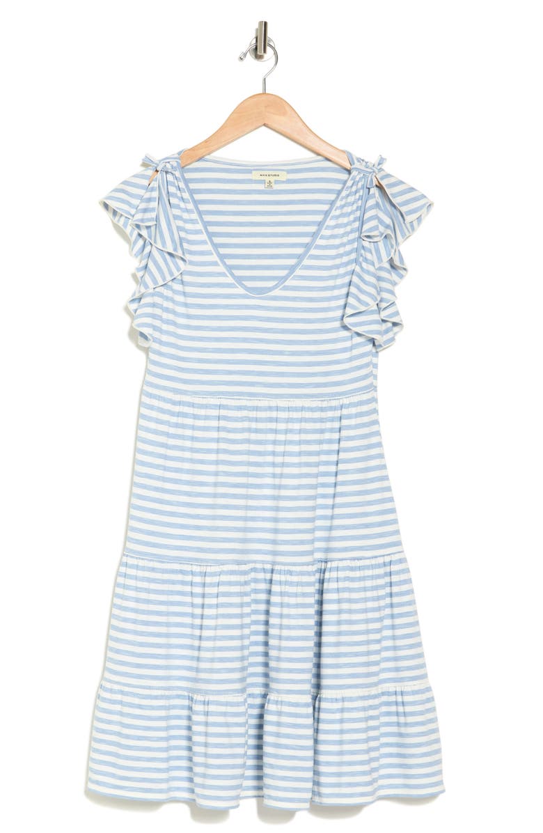 MAX STUDIO V-Neck Tiered Dress, Alternate, color, Chambray/ Ivory Even Stripe