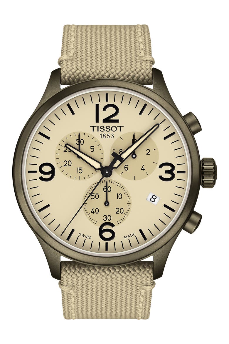 T-Sport XL Chonograph Nylon Strap Watch, 45mm, Main, color, BEIGE/ GUNMETAL