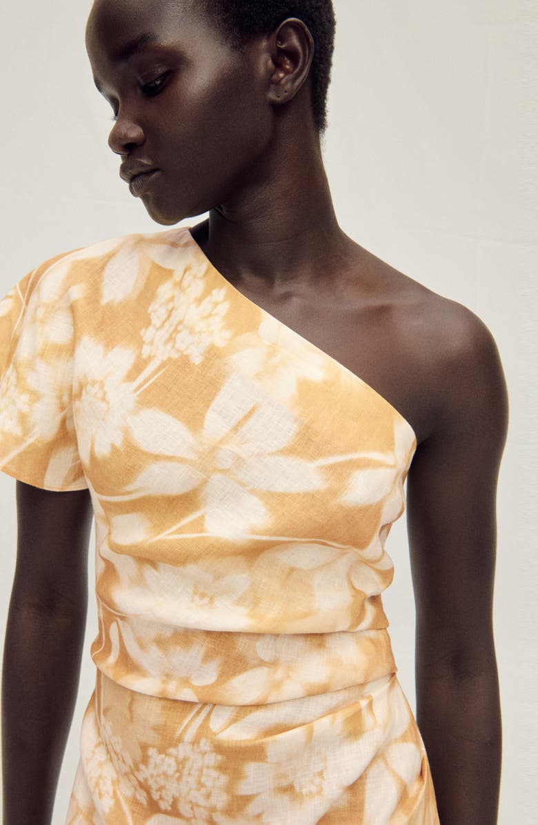 MANGO Floral Linen One-Shoulder Dress, Alternate, color, Mustard
