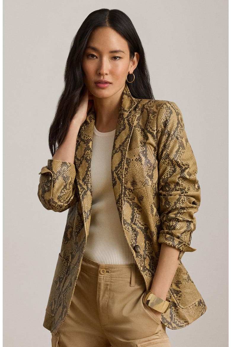 Snake Embossed Leather Blazer, Alternate, color, BEIGE