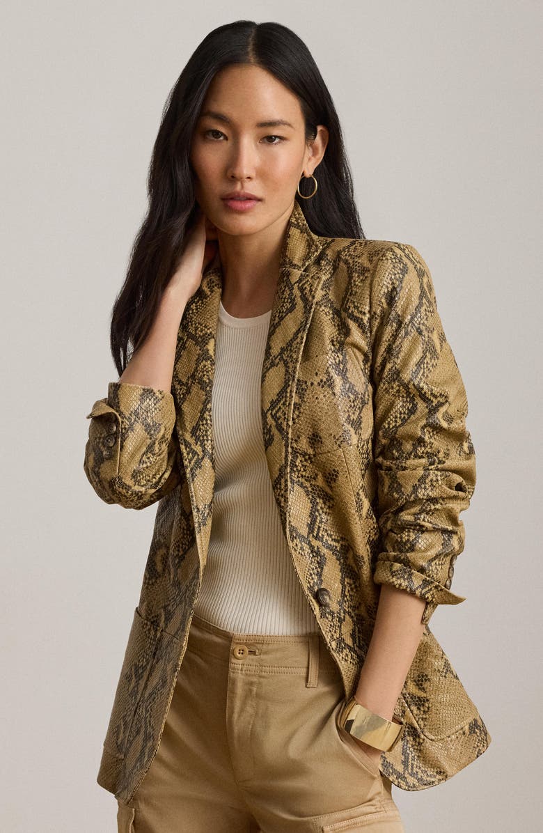 Lauren Ralph Lauren Snake Embossed Leather Blazer, Alternate, color, Beige