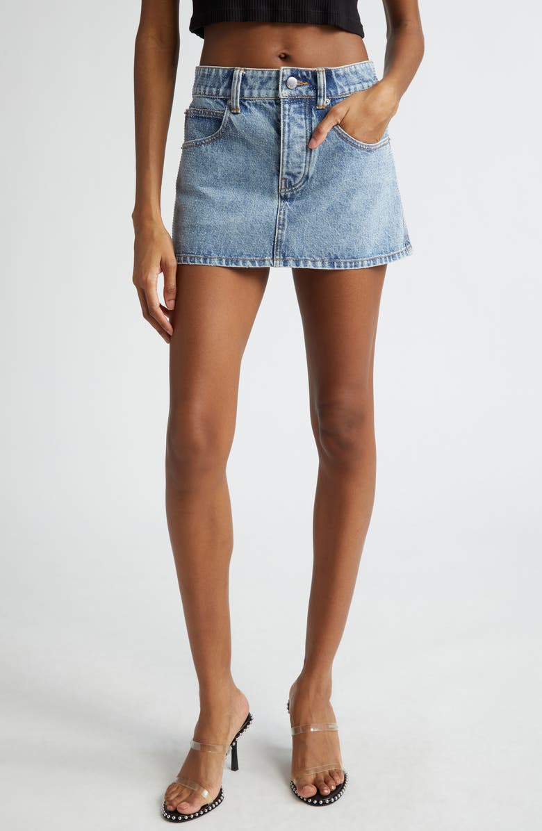Alexander Wang Clear Bead Denim Miniskirt, Main, color, Vintage Light Indigo