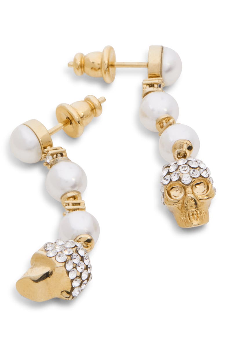 McQueen Crystal Skull & Faux Pearl Drop Earrings, Alternate, color, Pearl