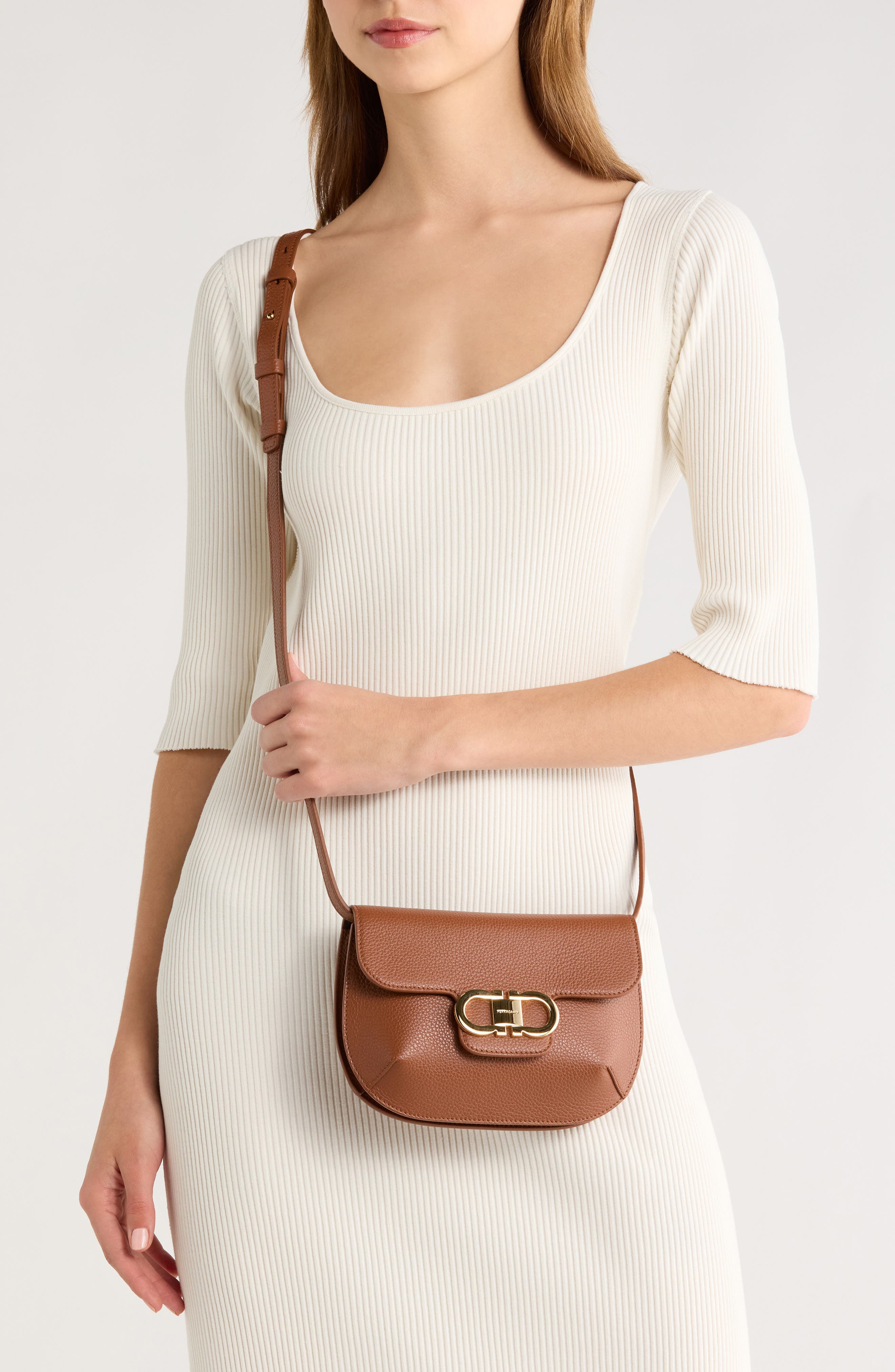 FERRAGAMO Lizzy Double Gancio Leather Crossbody Bag, Alternate, color, New Cognac/ Testa Di Moro