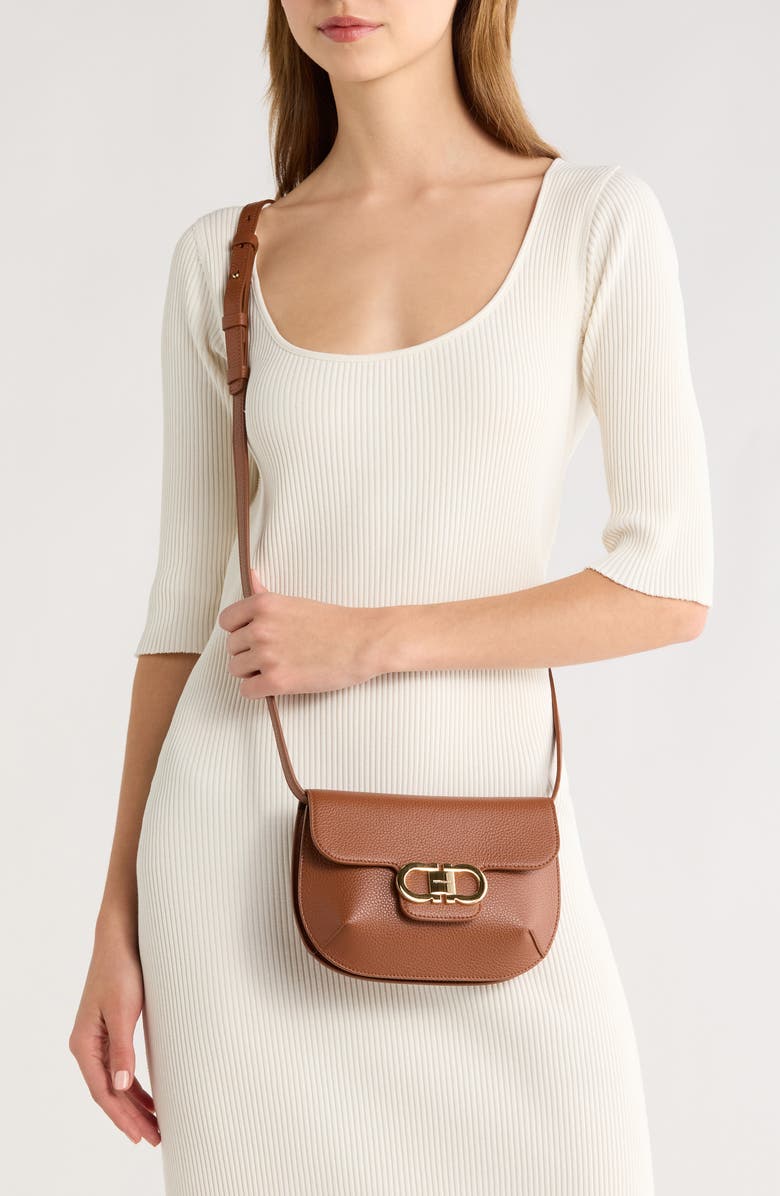 FERRAGAMO Lizzy Double Gancio Leather Crossbody Bag, Alternate, color, New Cognac/ Testa Di Moro