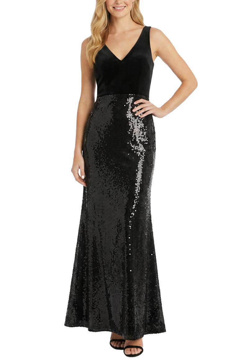 Velvet & Sequin Gown, Main, color, BLACK/ BLACK/ BLACK