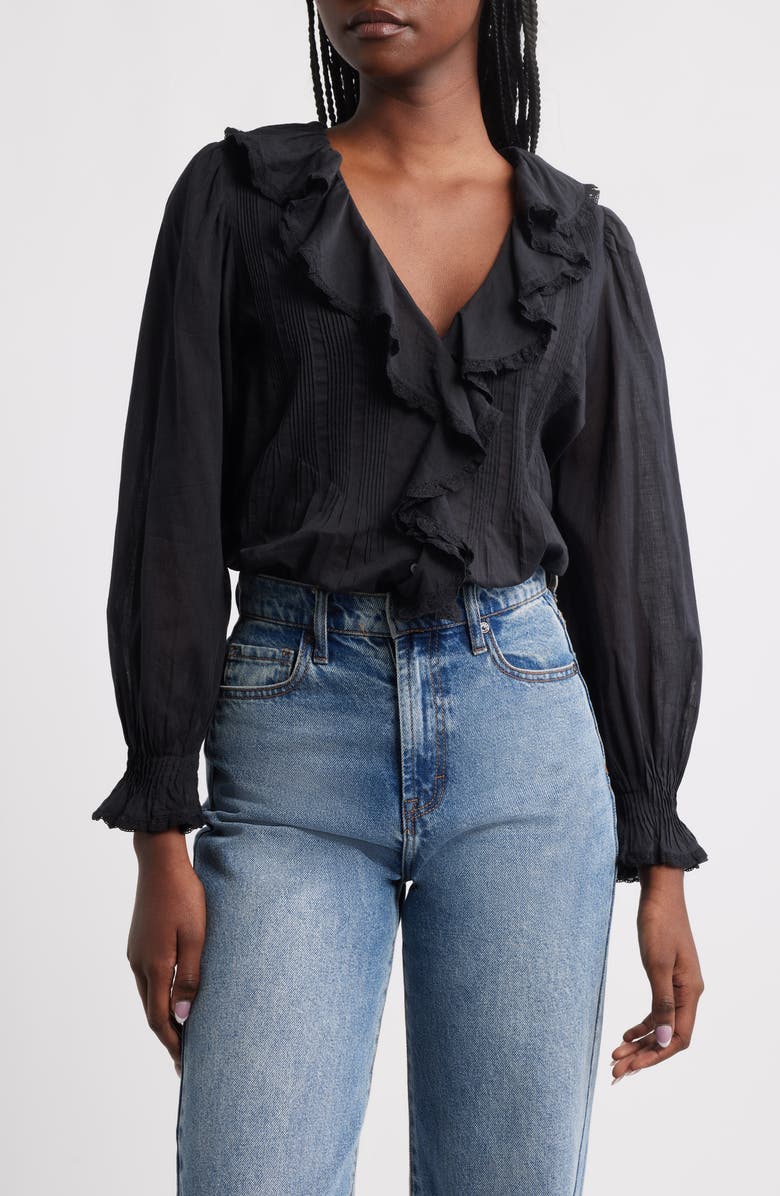 DÔEN Hardy Ruffle Pintuck Organic Cotton Top, Main, color, Black