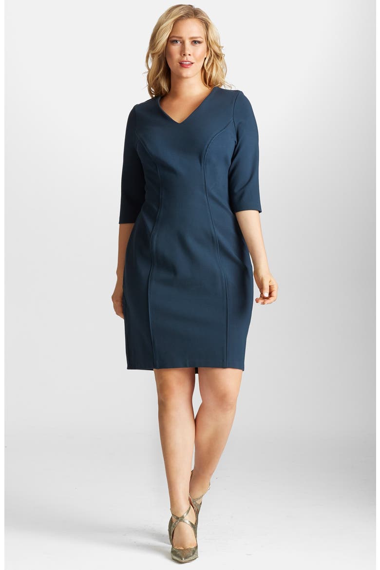 Body-Con Piped Ponte Dress, Main, color, NAVY