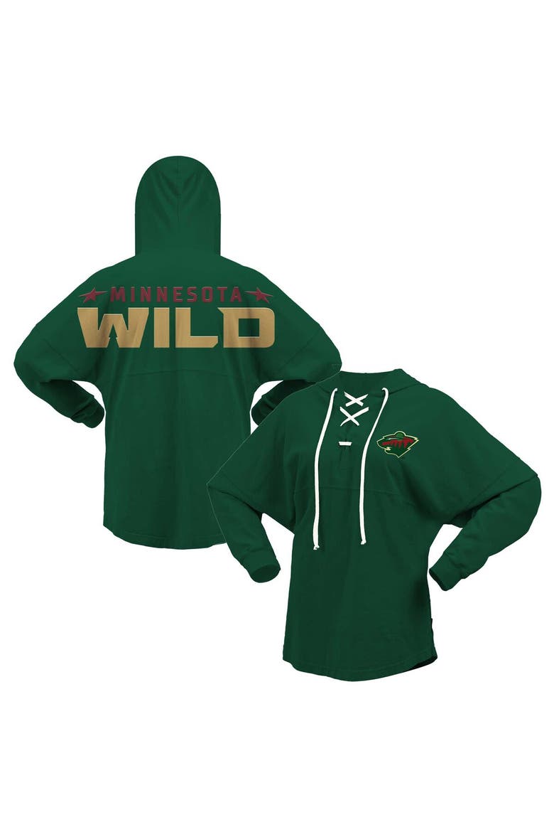 Women's Fanatics Branded Green Minnesota Wild Jersey Lace-Up V-Neck Long Sleeve Hoodie T-Shirt, Main, color, Green