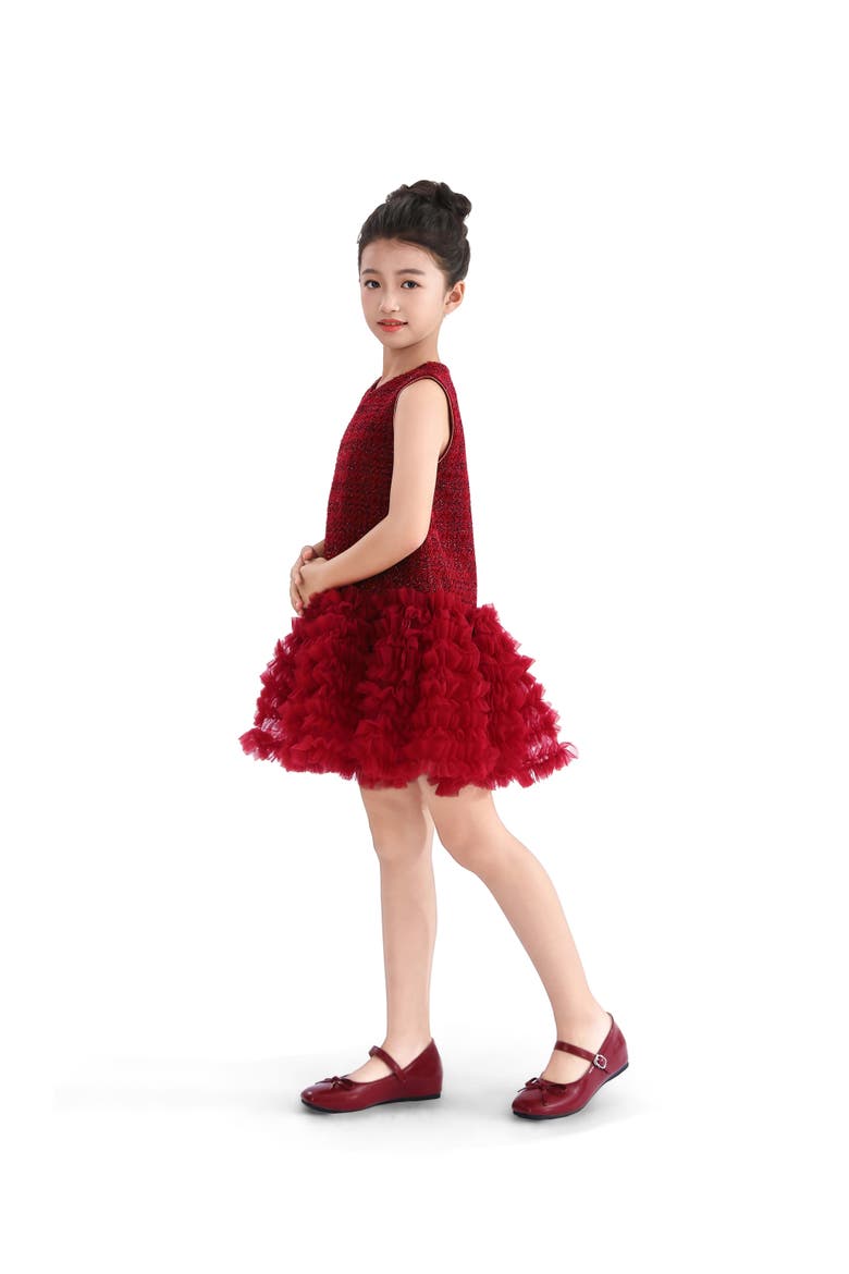 Tweed & Tulle Ruffle Dress, Alternate, color, Red