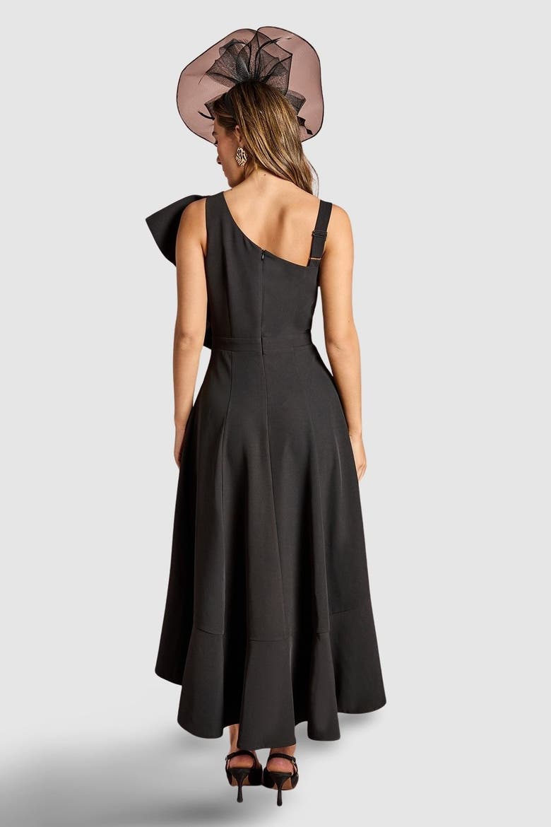One Shoulder Crepe Ruffle Midi Dress, Alternate, color, Black