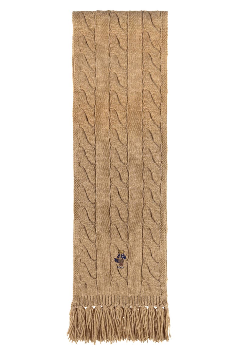 Polo Bear Wool Blend Cable Knit Scarf, Alternate, color, CLASSIC CAMEL