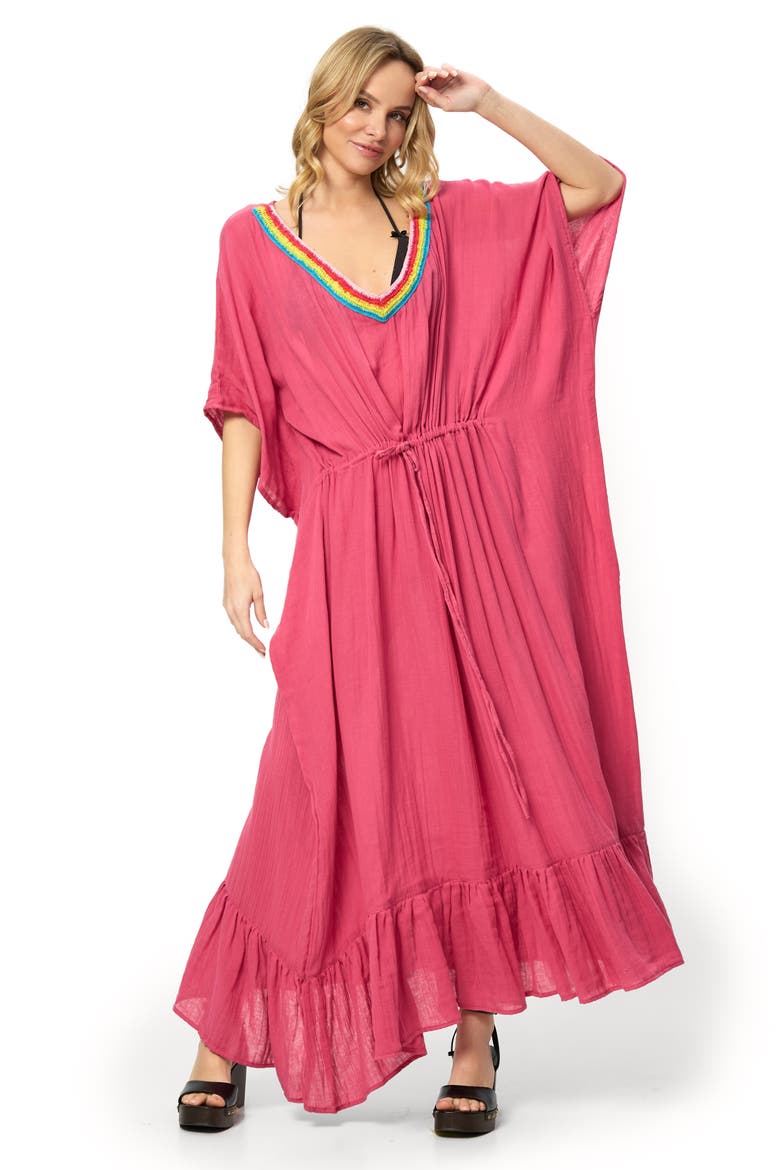 Colorful Crochet V-Neck Cover-Up Kaftan, Alternate, color, MAGENTA
