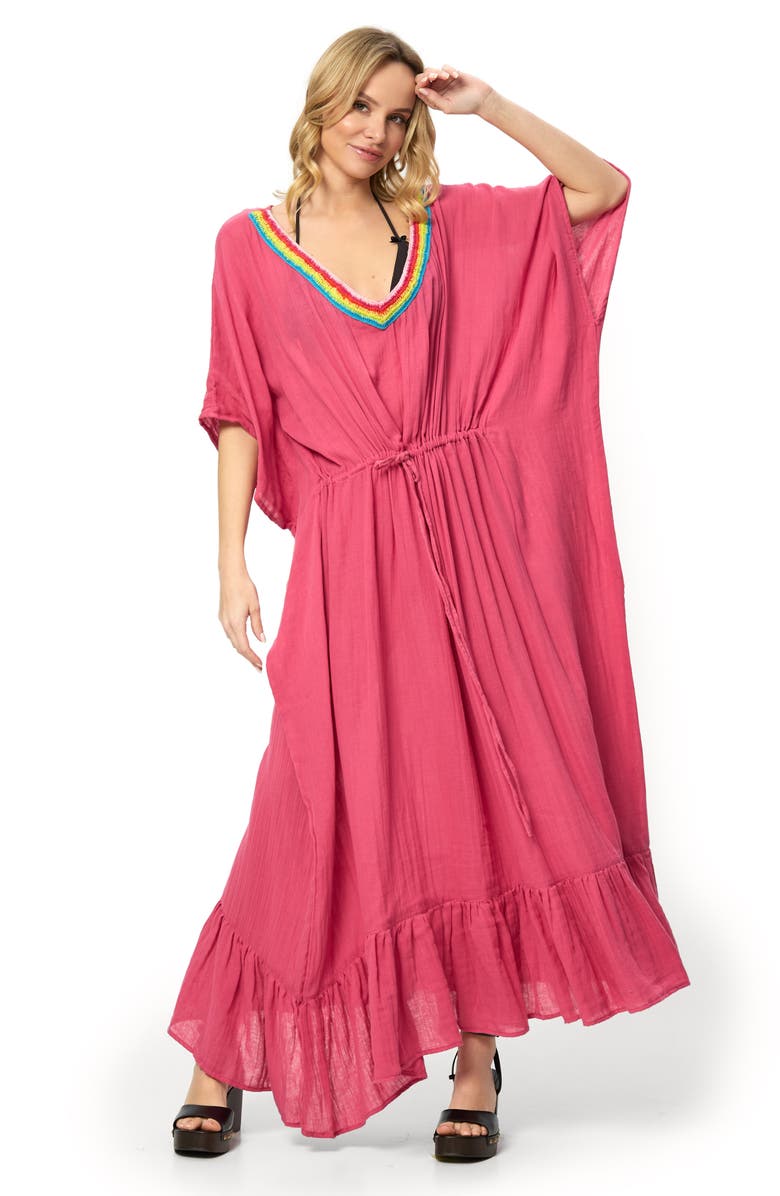 SAACHI Colorful Crochet V-Neck Cover-Up Kaftan, Alternate, color, Magenta