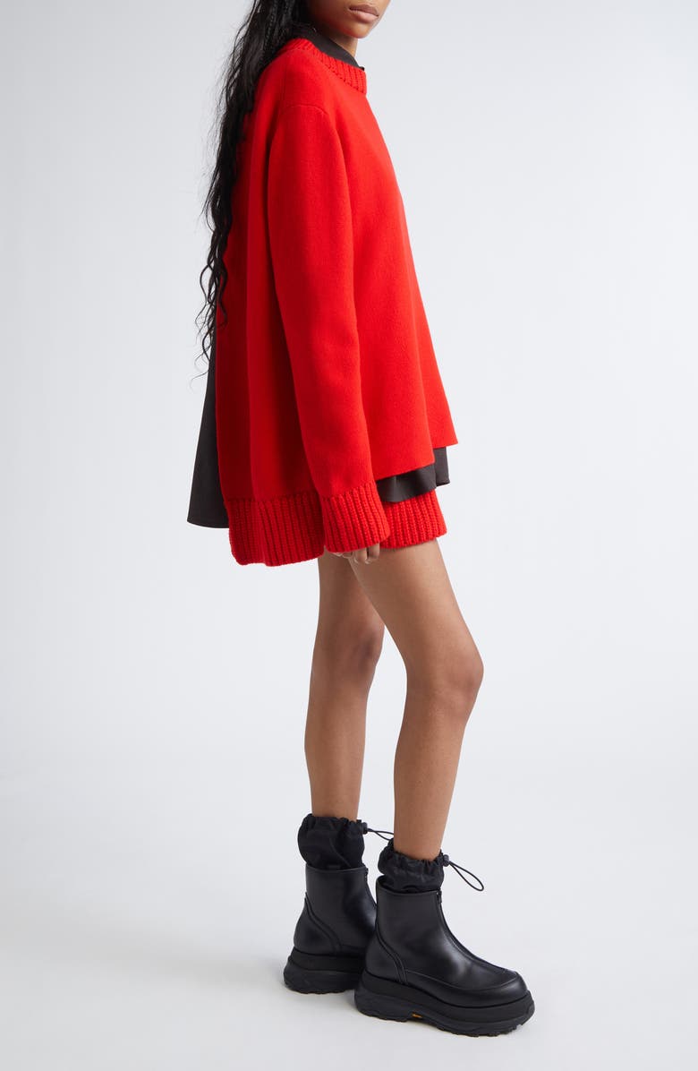 Sacai Mixed Media Long Sleeve Wool Suiting & Knit Sweater Dress, Alternate, color, Red/ Brown