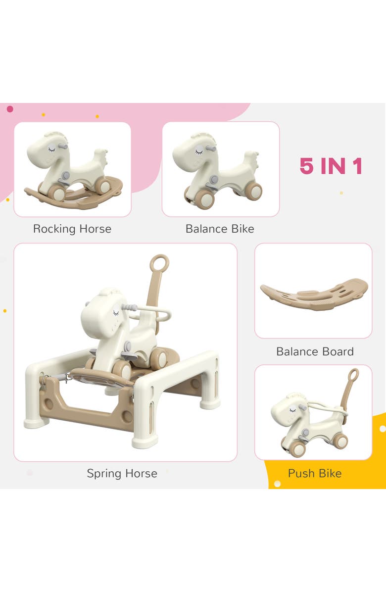 Qaba 5 in 1 Rocking Horse with Detachable Balance Board, Push Handle, Footrest, Alternate, color, Cream White