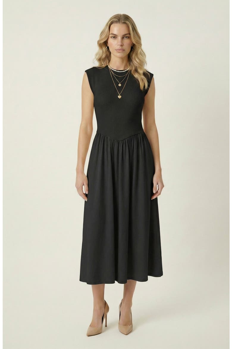 Cap Sleeve Fitted Gathered Midi Dress, Main, color, Black