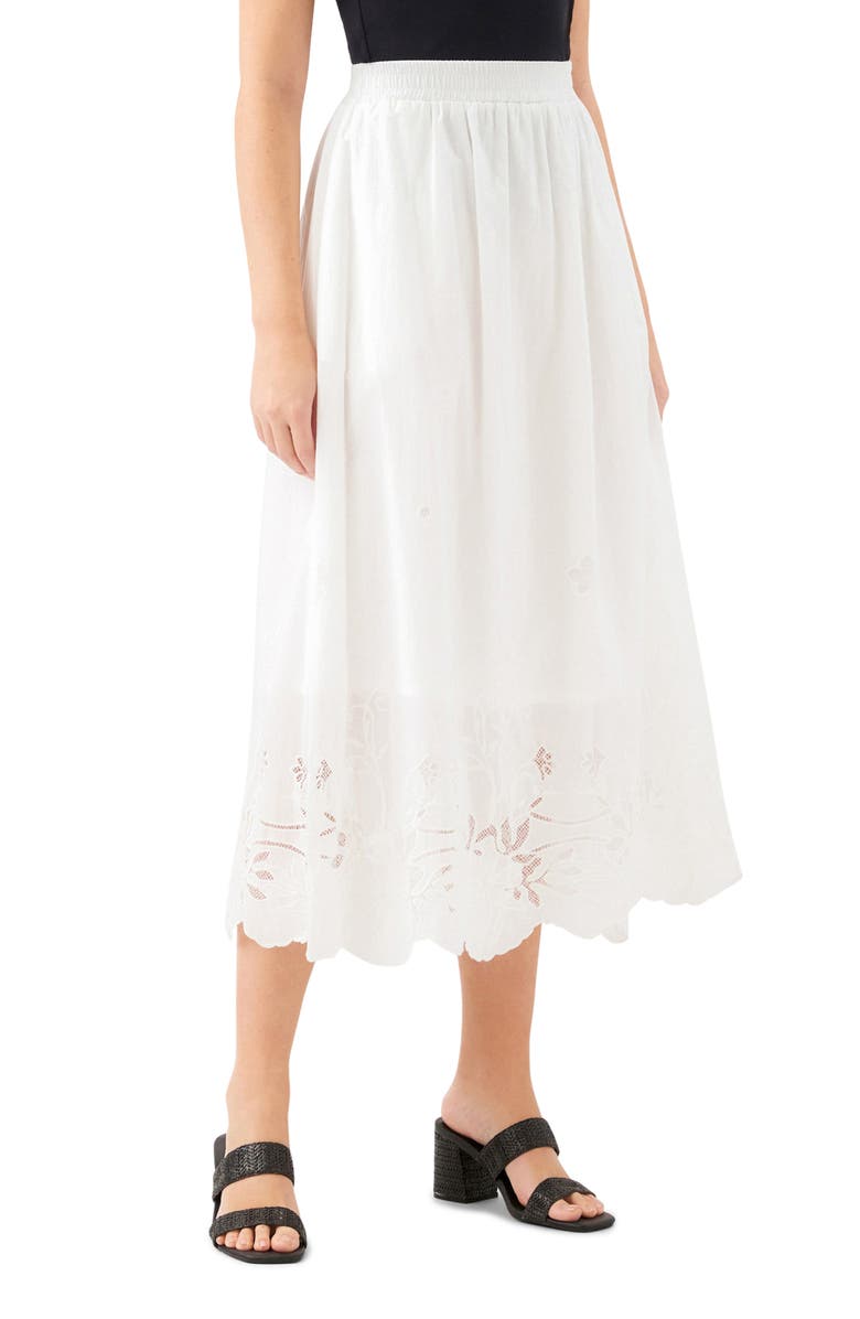 Karen Kane Embroidered Eyelet Cotton Midi Skirt, Alternate, color, Off White