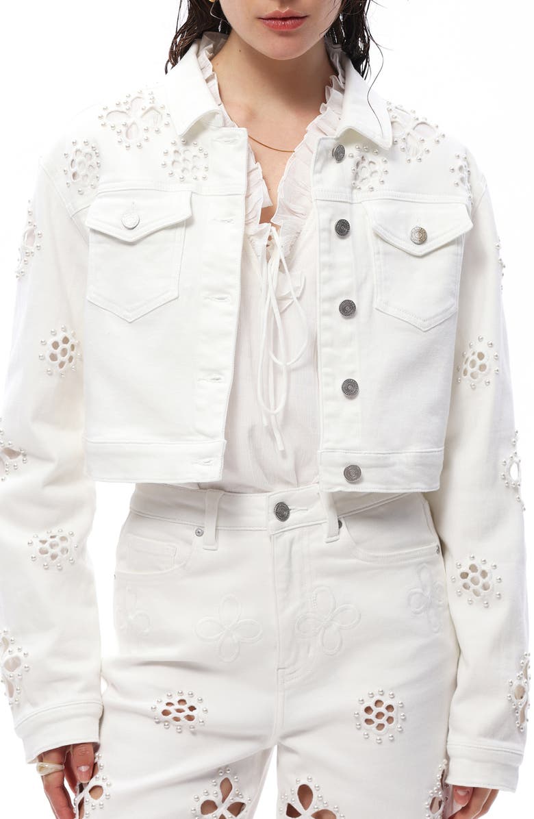 Bayeas Crop Denim Trucker Jacket, Main, color, White