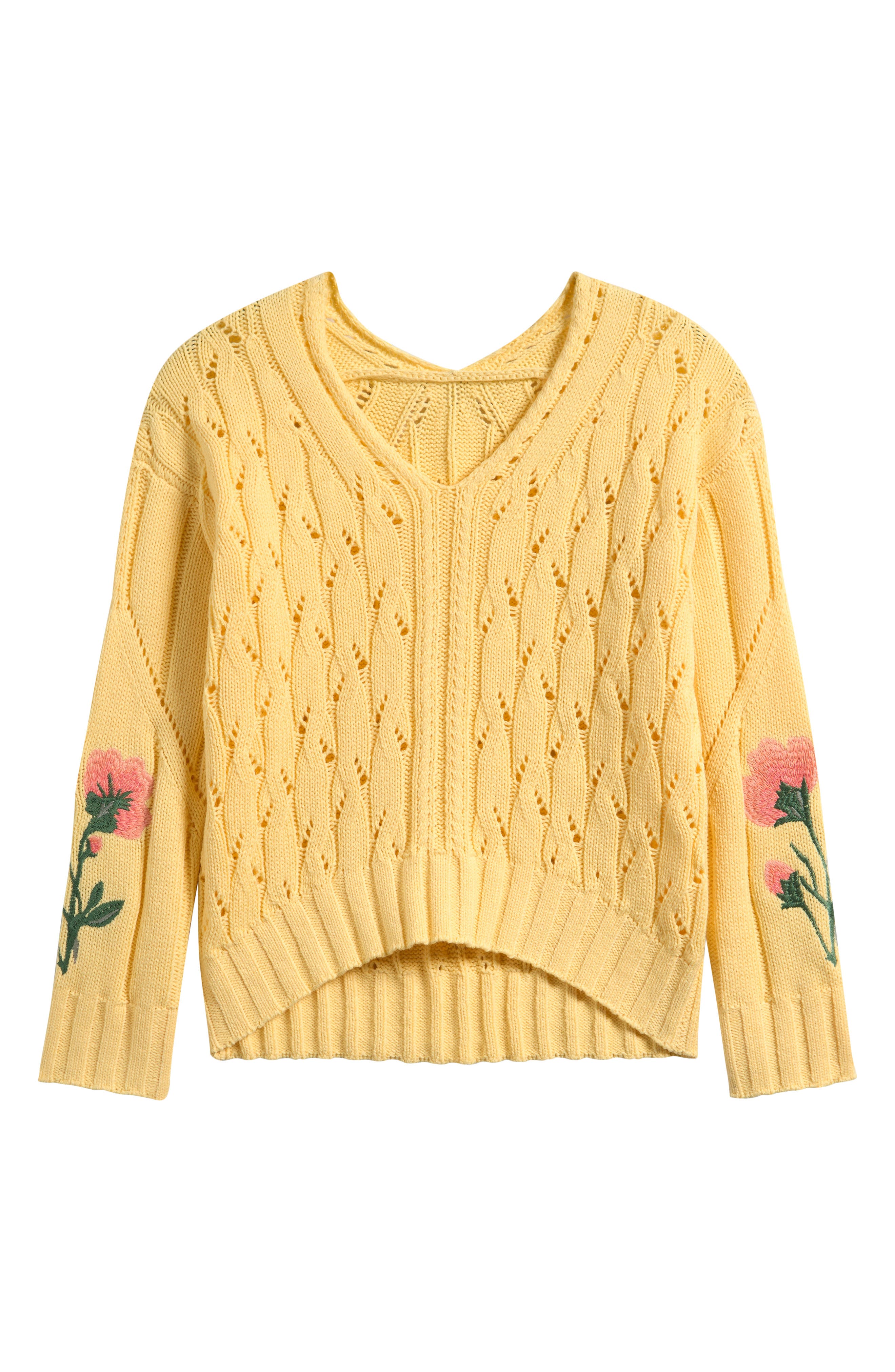 Freshman Kids' Flower Embroidered Pointelle V-neck Sweater In Yellow