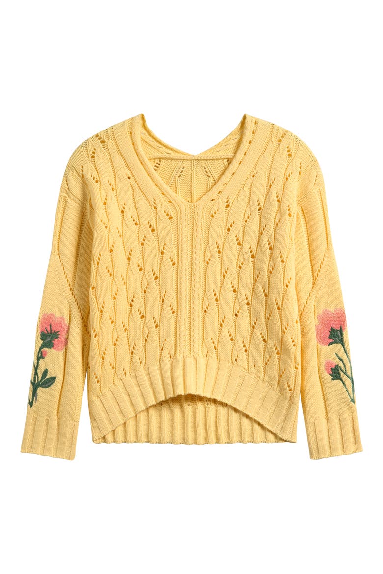 Kids' Flower Embroidered Pointelle V-Neck Sweater, Main, color, YELLOW