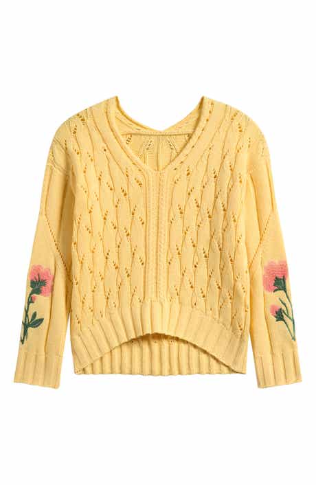 Kids' Flower Embroidered Pointelle V-Neck Sweater