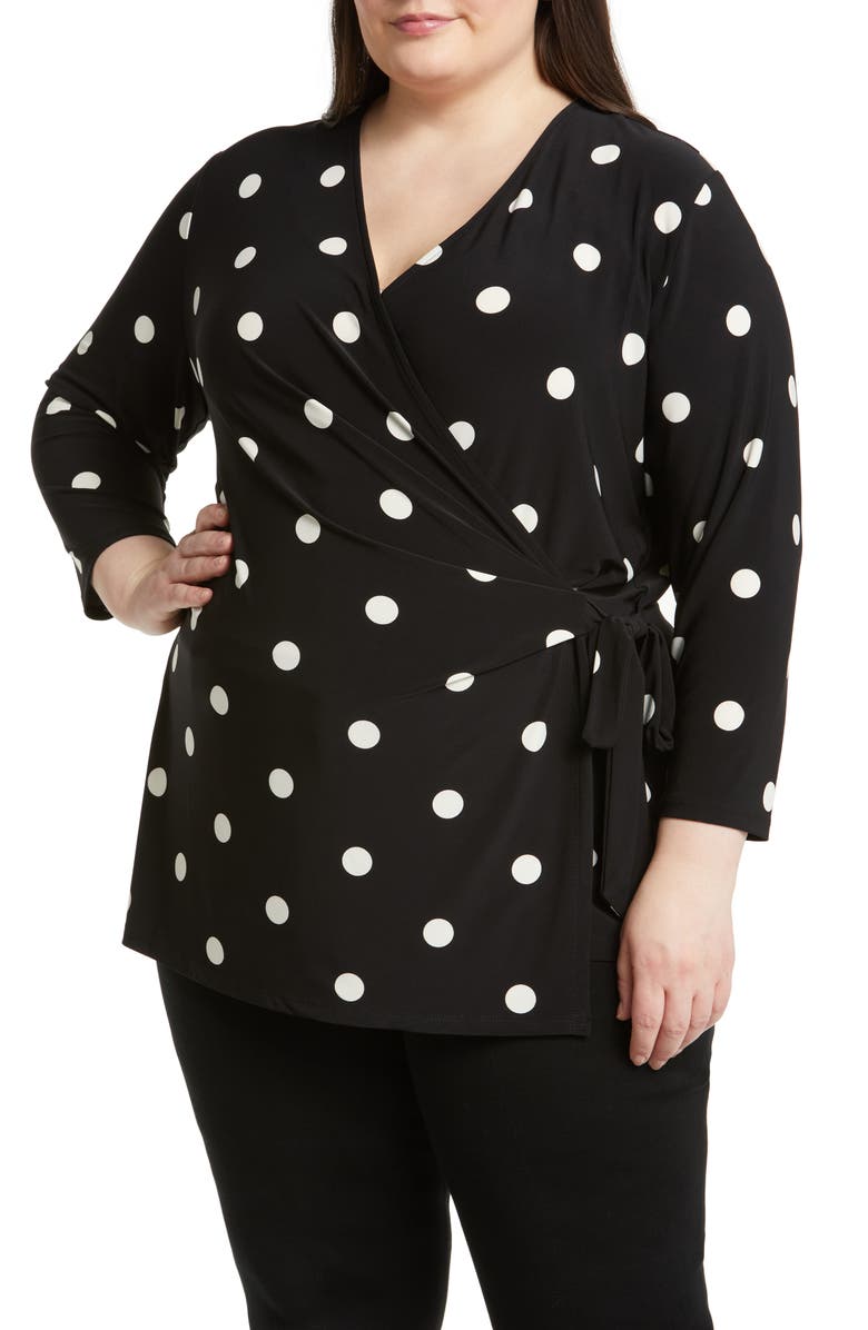 Anne Klein Dot Print Wrap Blouse, Main, color, Anne Black/ Anne White