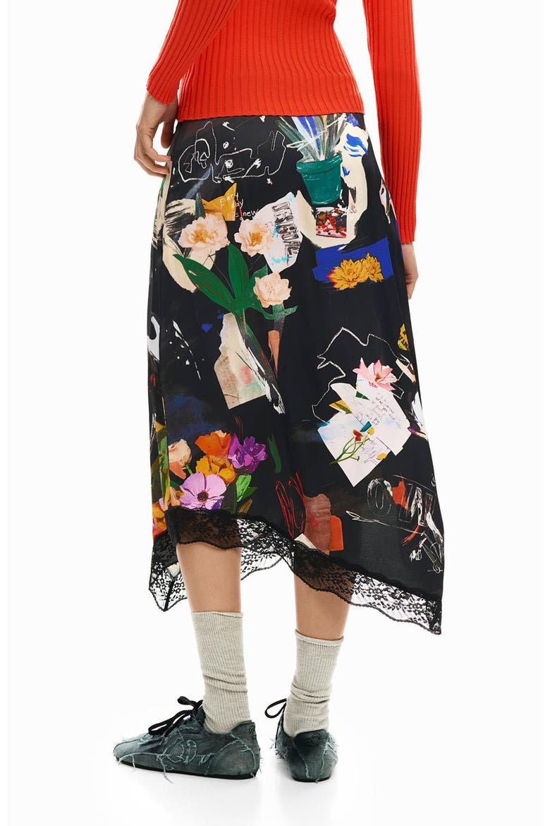 Floral Print Asymmetric Hem Skirt, Alternate, color, BLACK