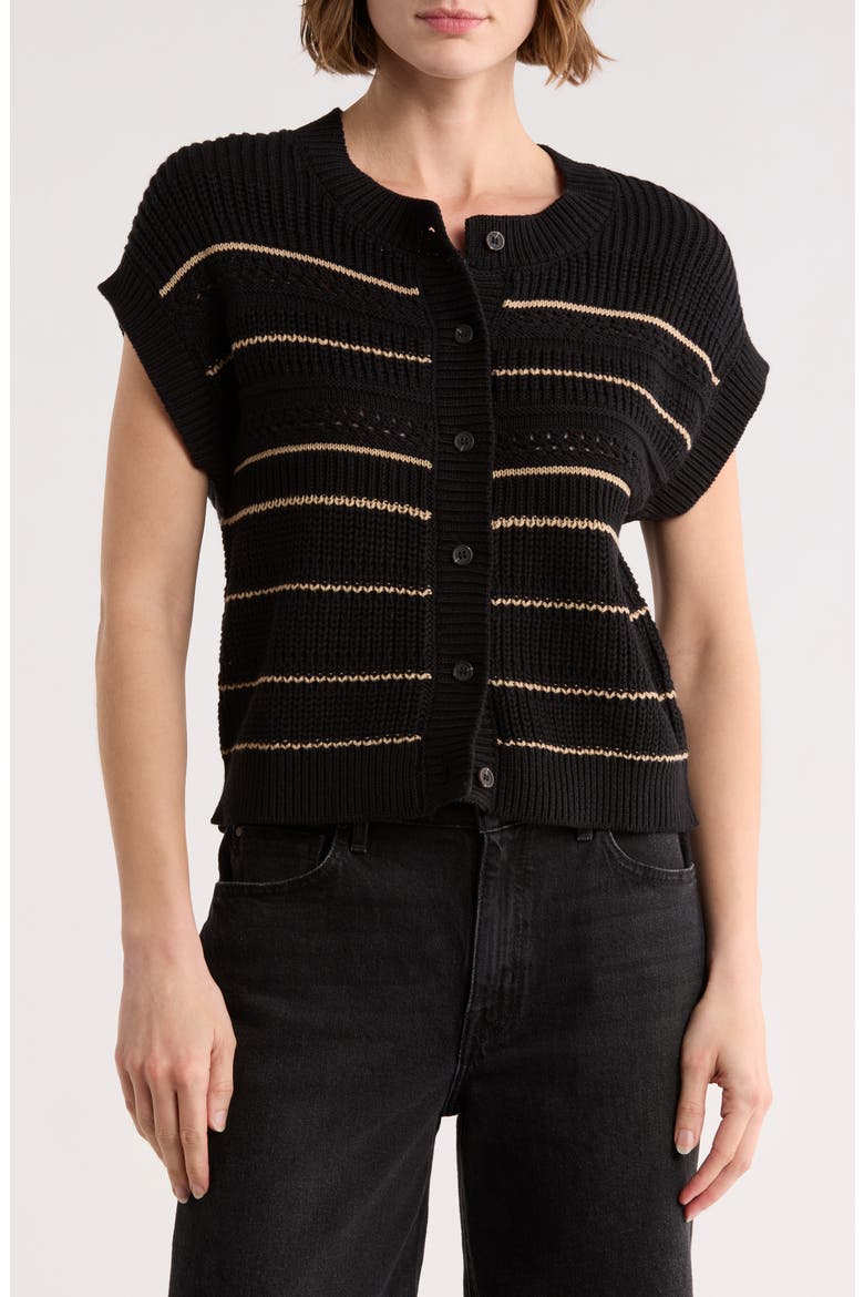 Stripe Knit Button Front Top, Main, color, BLACK