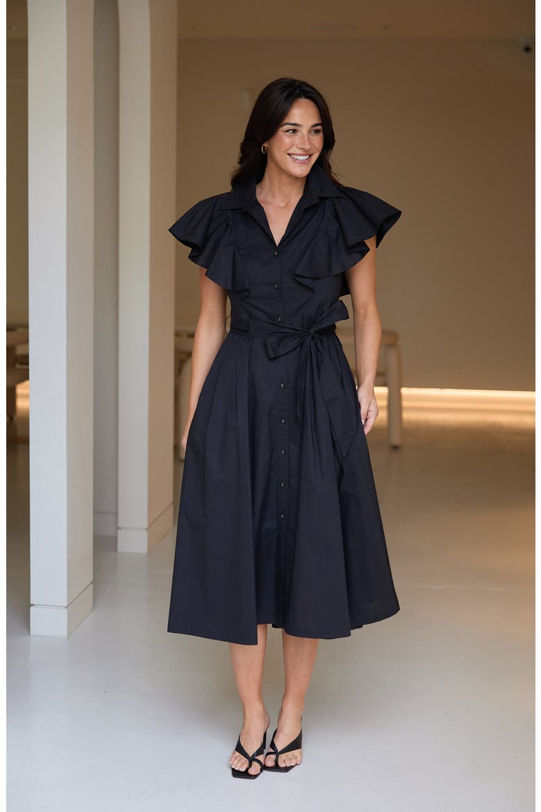 Marigold Ruffle Sleeve Cotton Midi Shirtdress, Alternate, color, BLACK