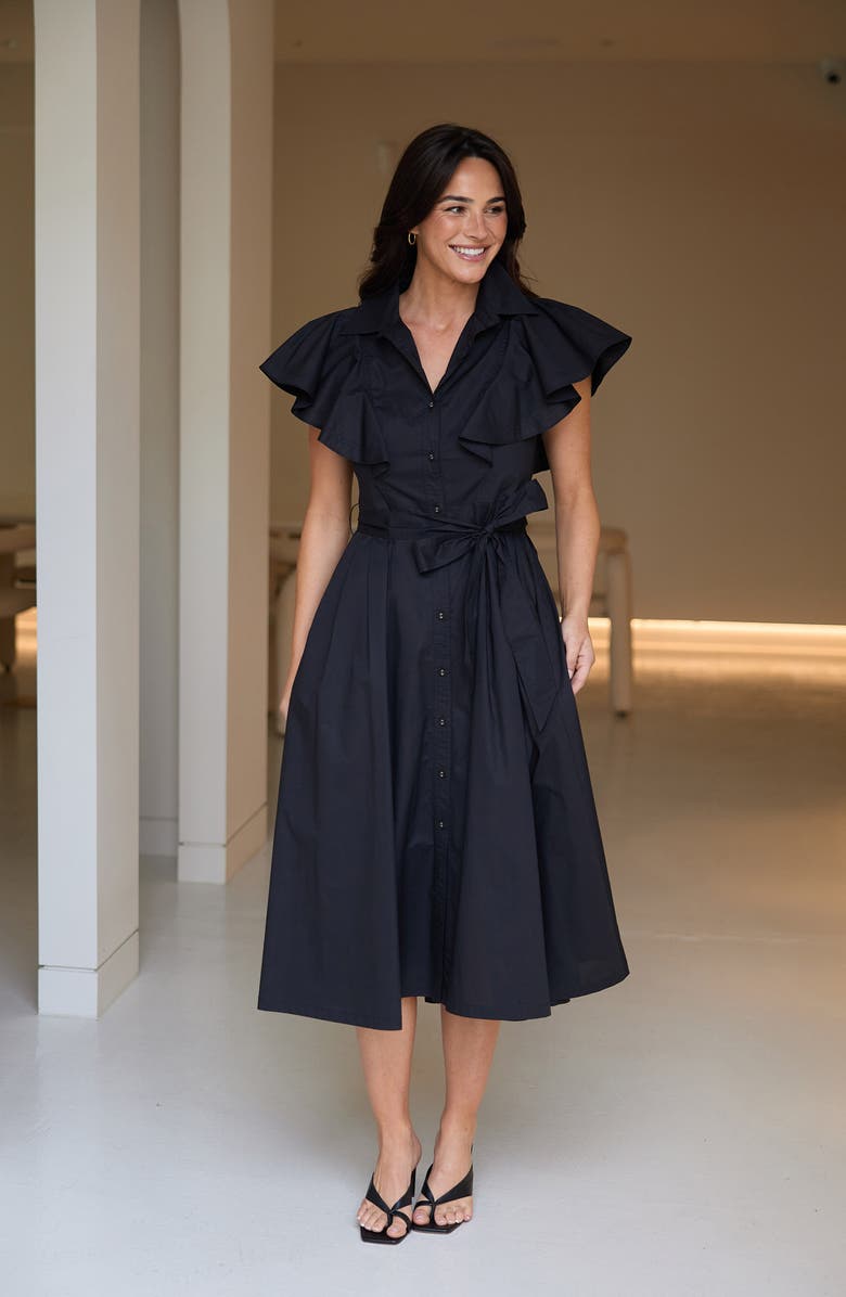 Brave+True Marigold Ruffle Sleeve Cotton Midi Shirtdress, Alternate, color, Black