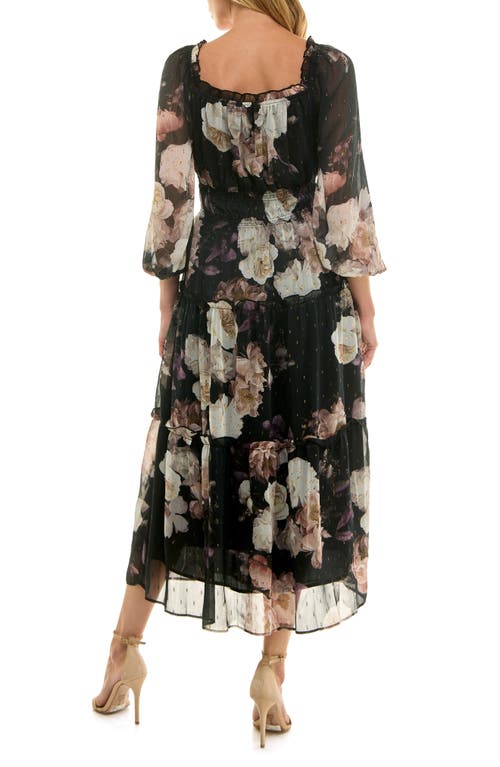Socialite Floral Balloon Sleeve Tiered Midi Dress In Multi
