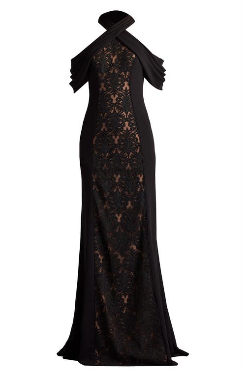 Tadashi Shoji Off-shoulder Lace-embroidered Gown In Black