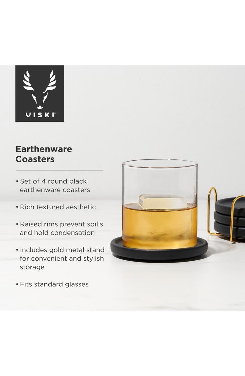 Viski Earthenware Coasters with Stand Set of 4, Alternate, color, Black