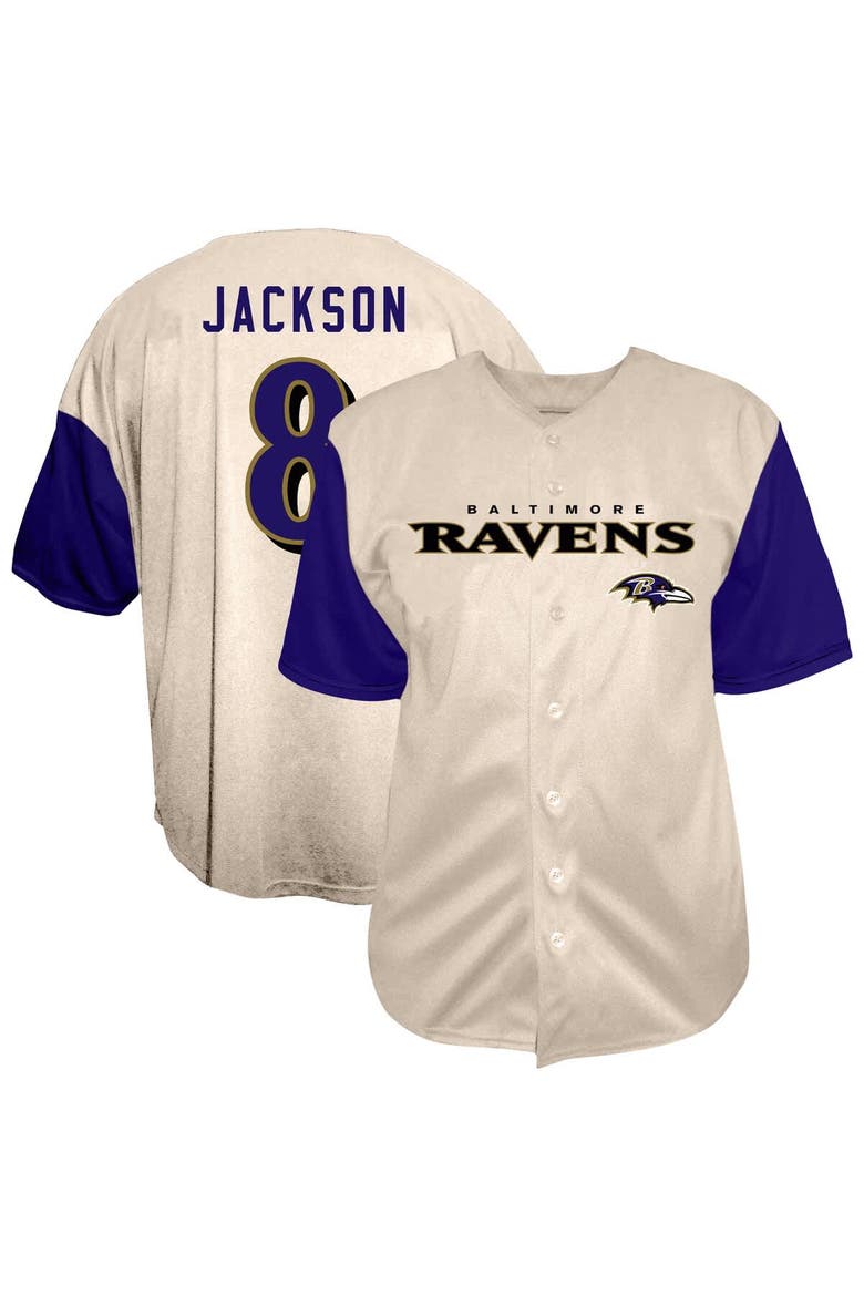 Men's Fanatics Lamar Jackson Cream Baltimore Ravens Big & Tall Baseball Button-Up Shirt, Main, color, Cream