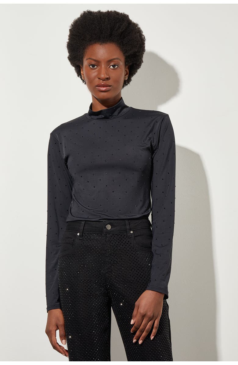 Ming Wang Crystal Detail Mock Neck Top, Main, color, Black