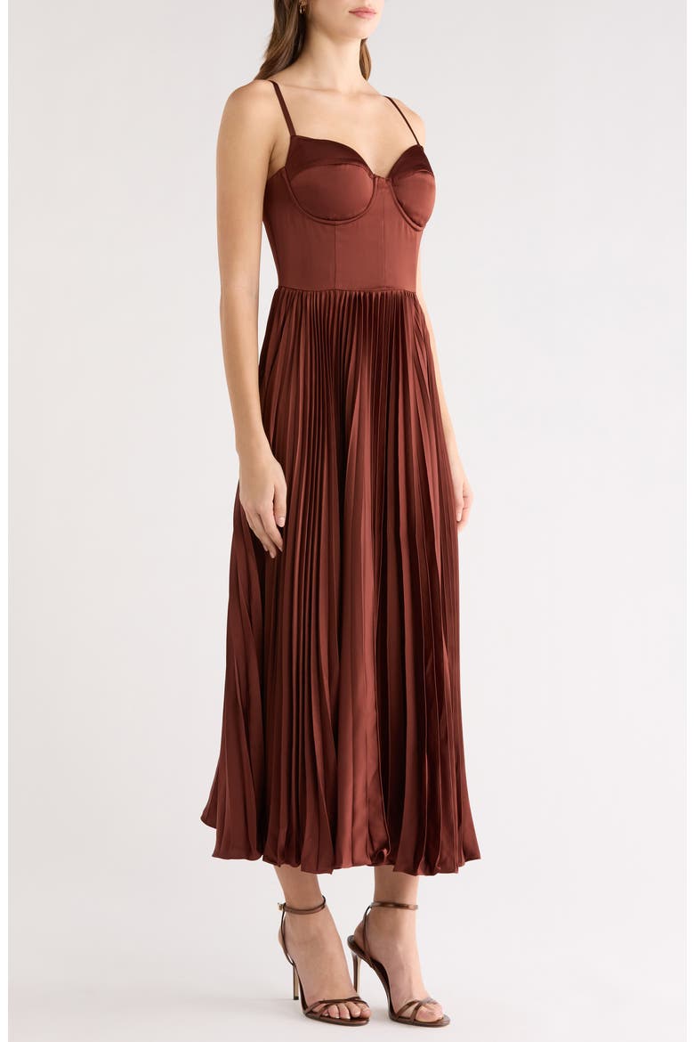Elyssa Bustier Pleated Satin Dress, Alternate, color, RUST BROWN