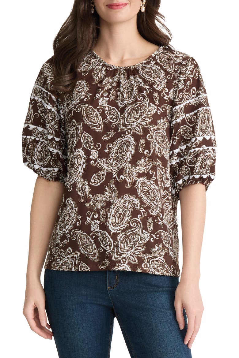 Scalloped Trim Puff Sleeve Stretch Cotton Top, Main, color, FUDGE/ WHITE SAND MULTI