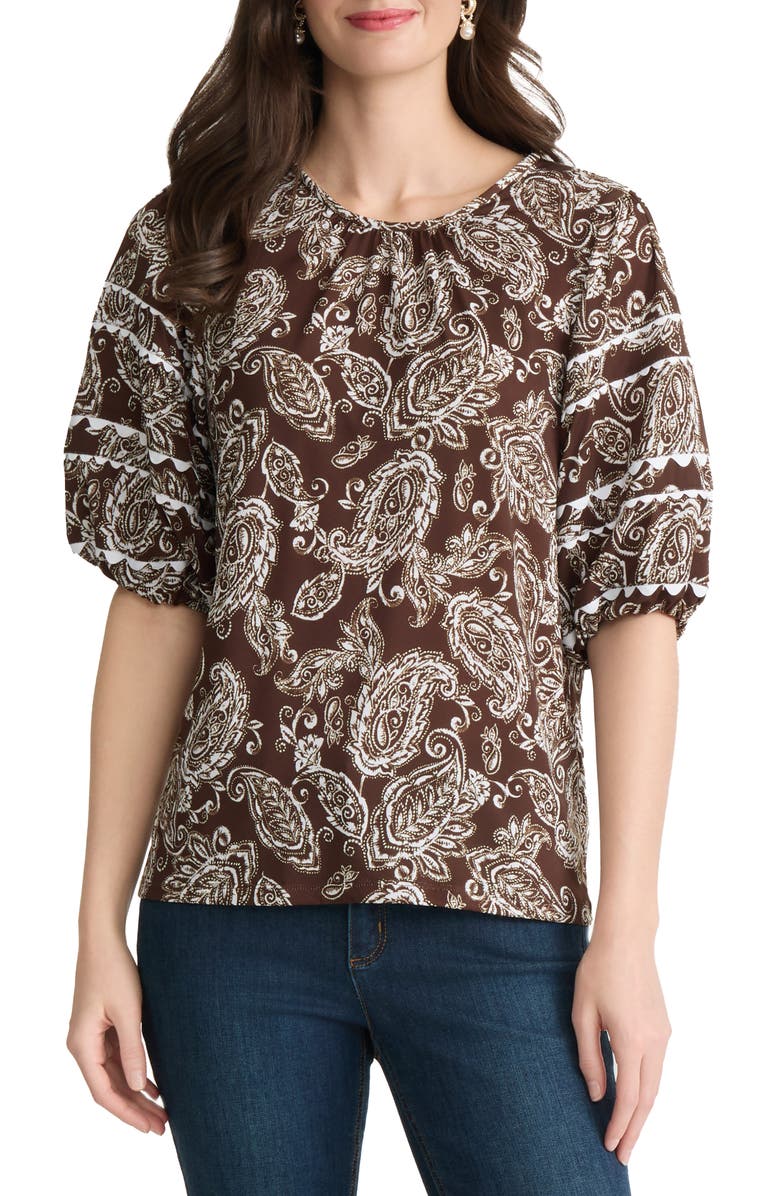 Jones New York Scalloped Trim Puff Sleeve Stretch Cotton Top, Main, color, Fudge/ White Sand Multi