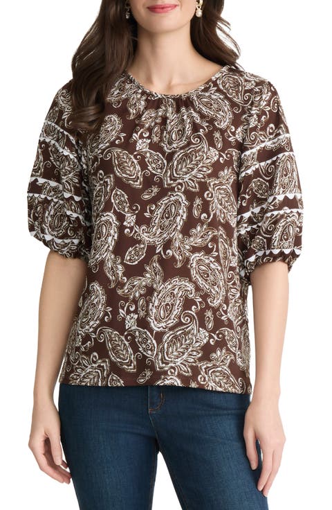 Scalloped Trim Puff Sleeve Stretch Cotton Top (Regular & Petite)