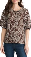 Jones New York Scalloped Trim Puff Sleeve Stretch Cotton Top