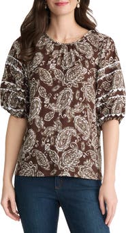 Jones New York Scalloped Trim Puff Sleeve Stretch Cotton Top