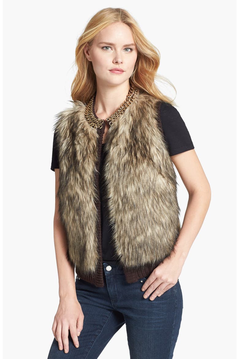 Faux Fur Front Vest, Main, color, CHOCOLATE