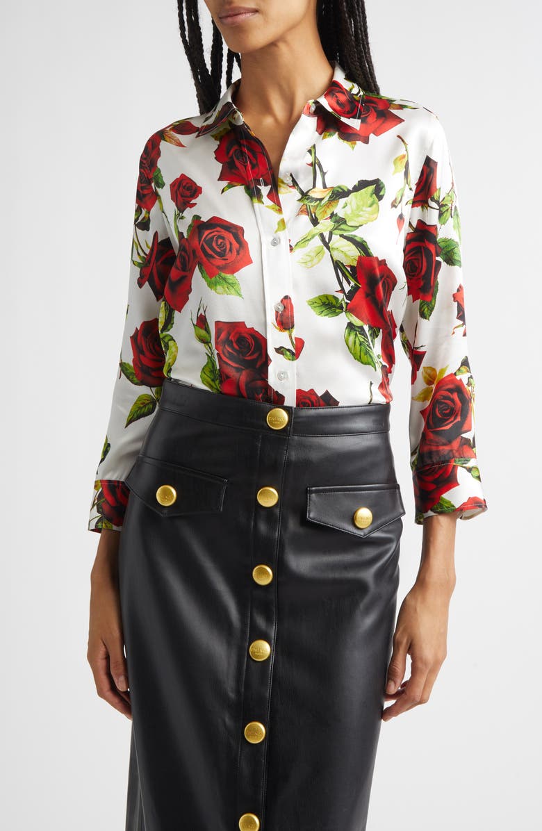 L'AGENCE Dani Rose Print Silk Button-Up Shirt, Main, color, 